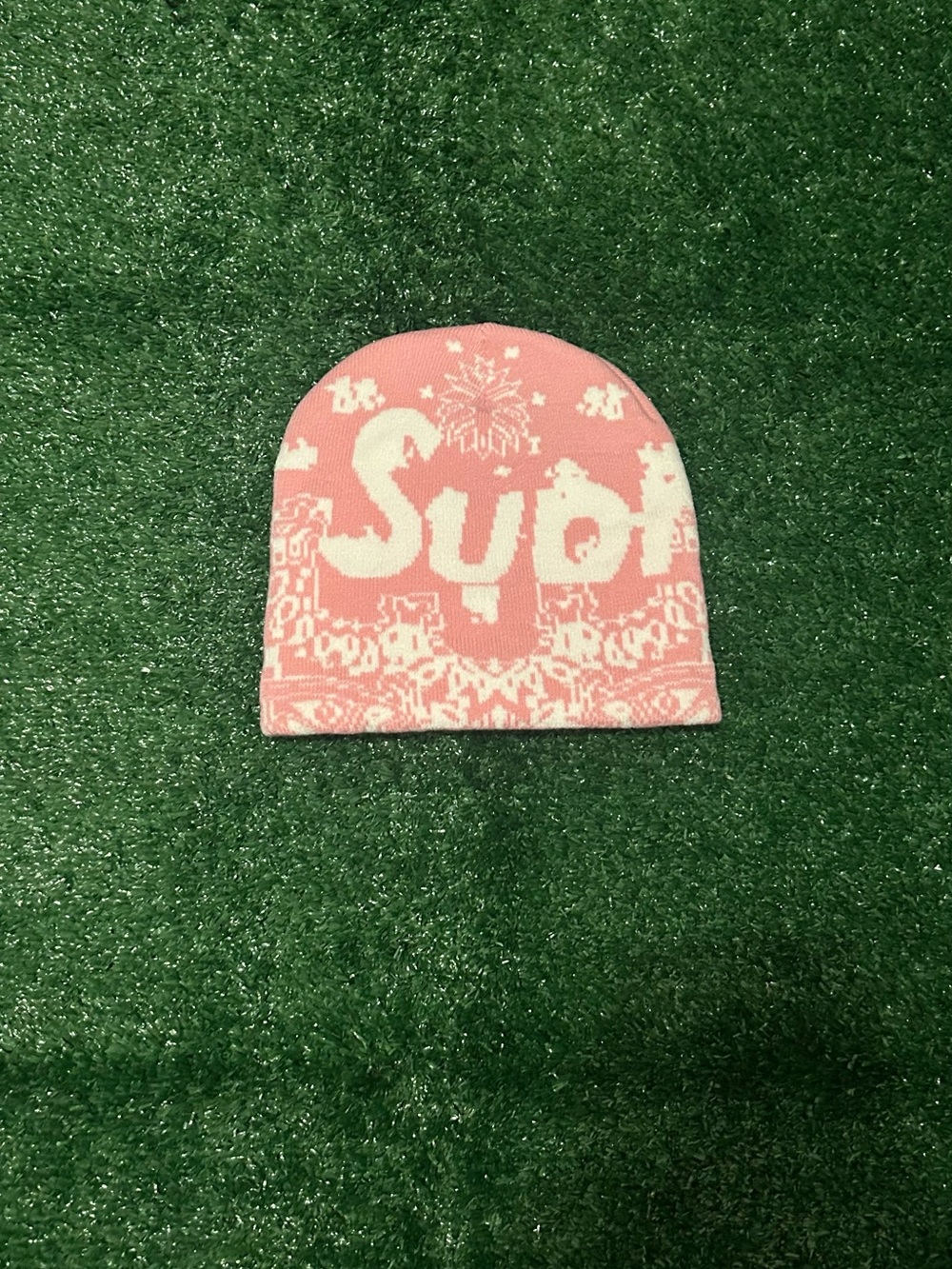 Supreme Pink Patterned Knit Hat with White Logo Detail